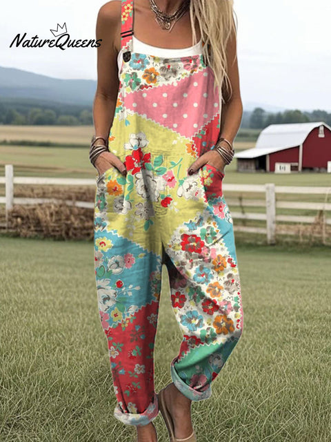 Women's  Patchwork Floral Art Print Casual 100% Cotton Wide Leg Jumpsuit