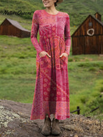 Women's Boho Vintage Flower Art Printed Long-sleeved Casual Dress