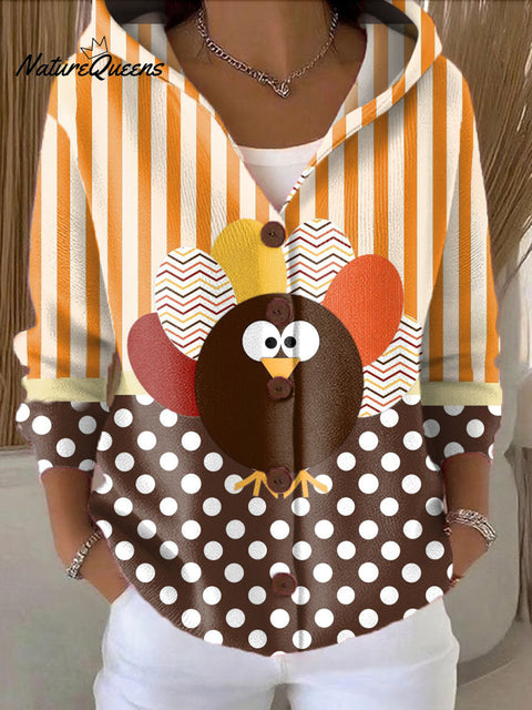 Women's Thanksgiving Retro Turkey Art Printed Casual Hooded Button Sweater
