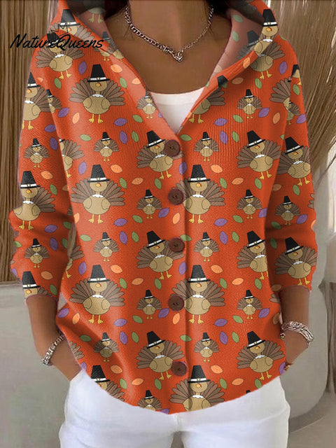 Women's Thanksgiving Retro Turkey Art Printed Casual Hooded Button Sweater