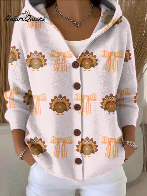 Women's Thanksgiving Retro Turkey Art Printed Casual Hooded Button Sweater
