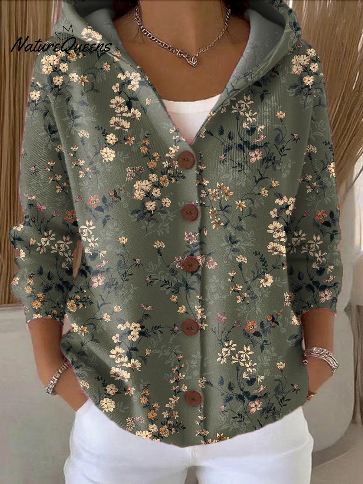Women'sVintage Flower Art Printed Casual Hooded Button Sweater