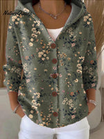 Women'sVintage Flower Art Printed Casual Hooded Button Sweater