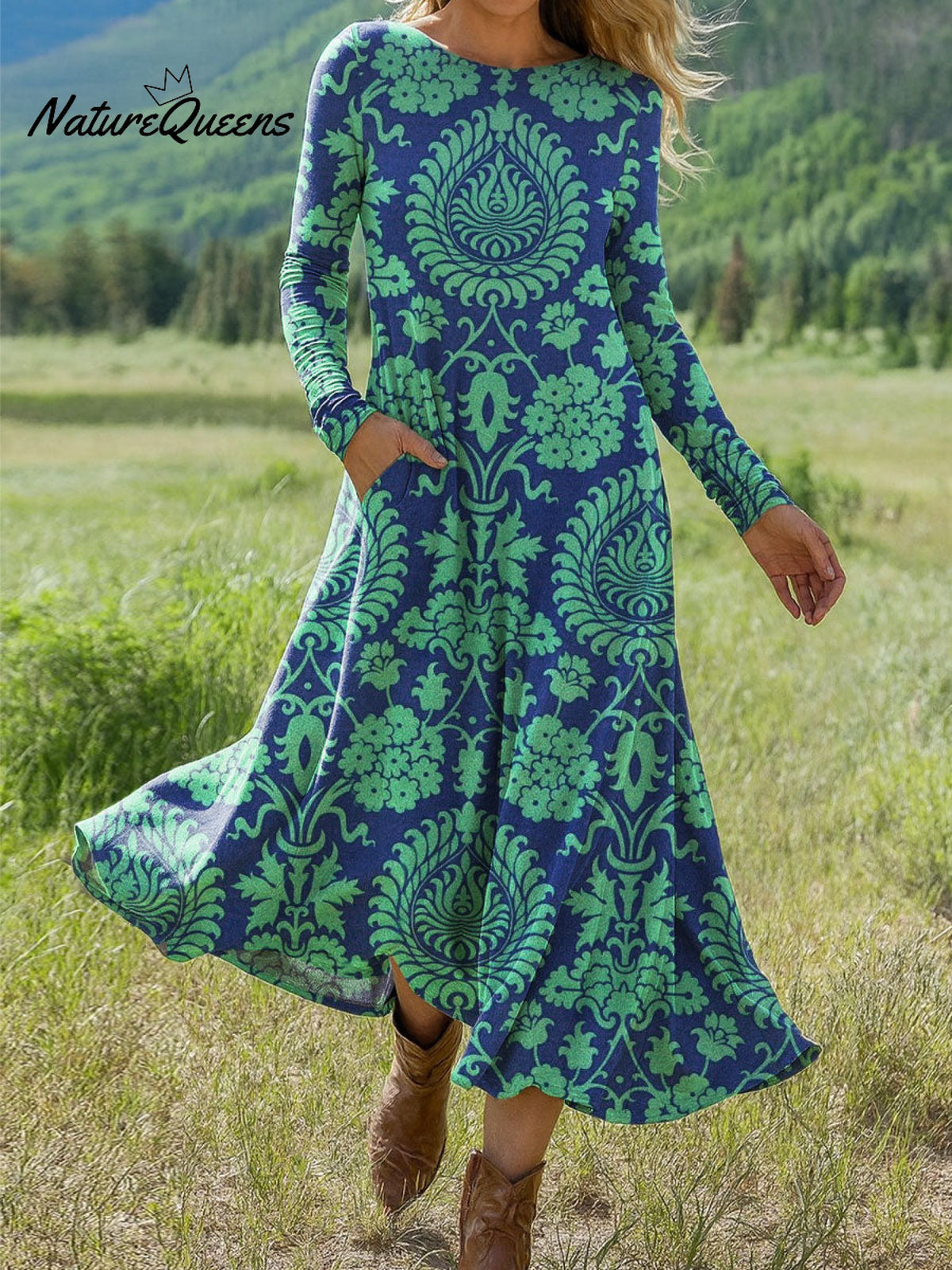 Women's Vintage Flower Art Print Long-sleeved Dress