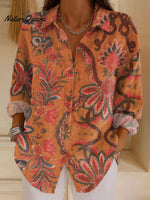 Women'sVintage Flower Art Print Casual Cotton Shirt