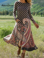 Women's Vintage Cashew Flower Art Print Long-sleeved Dress