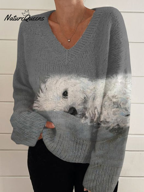 Women's Cute Dog Art Print Casual V-neck Pullover Knit