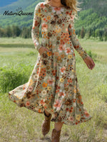 Women's Vintage Flower Art Print Long-sleeved Dress