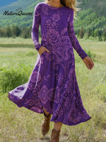 Women's VintageCashew Flower Art Print Long-sleeved Dress