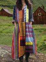 Women's Vintage Geometry Art Print Pocket V-neck Cotton Dress