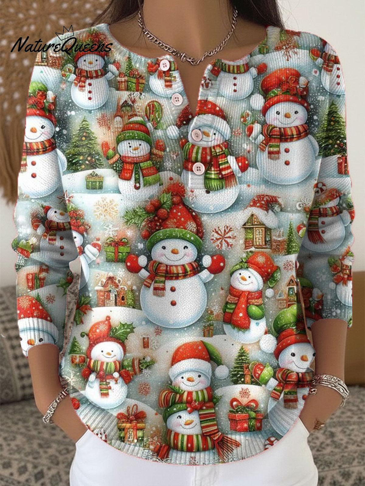 VintageChristmas Snowman Art Print Buttoned Cardigan Sweater