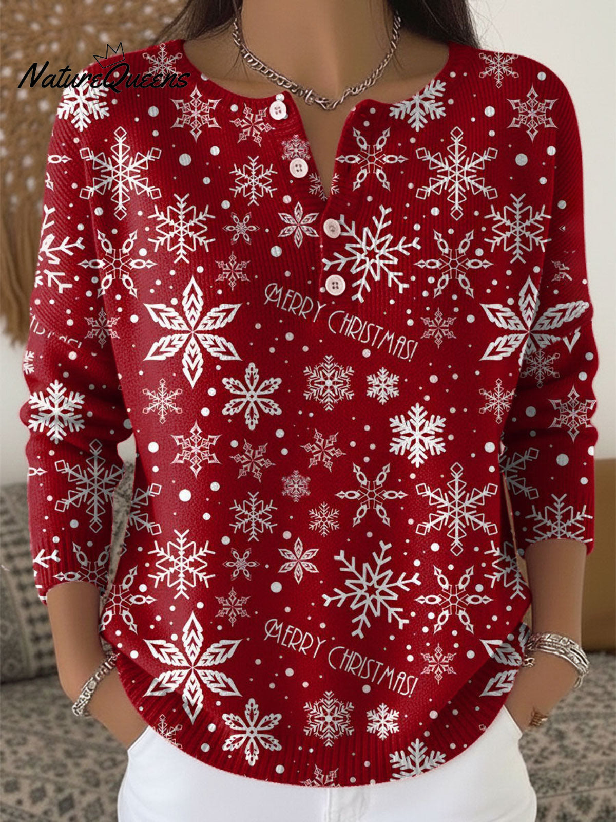 VintageChristmas Snowflake Art Print Buttoned Cardigan Sweater