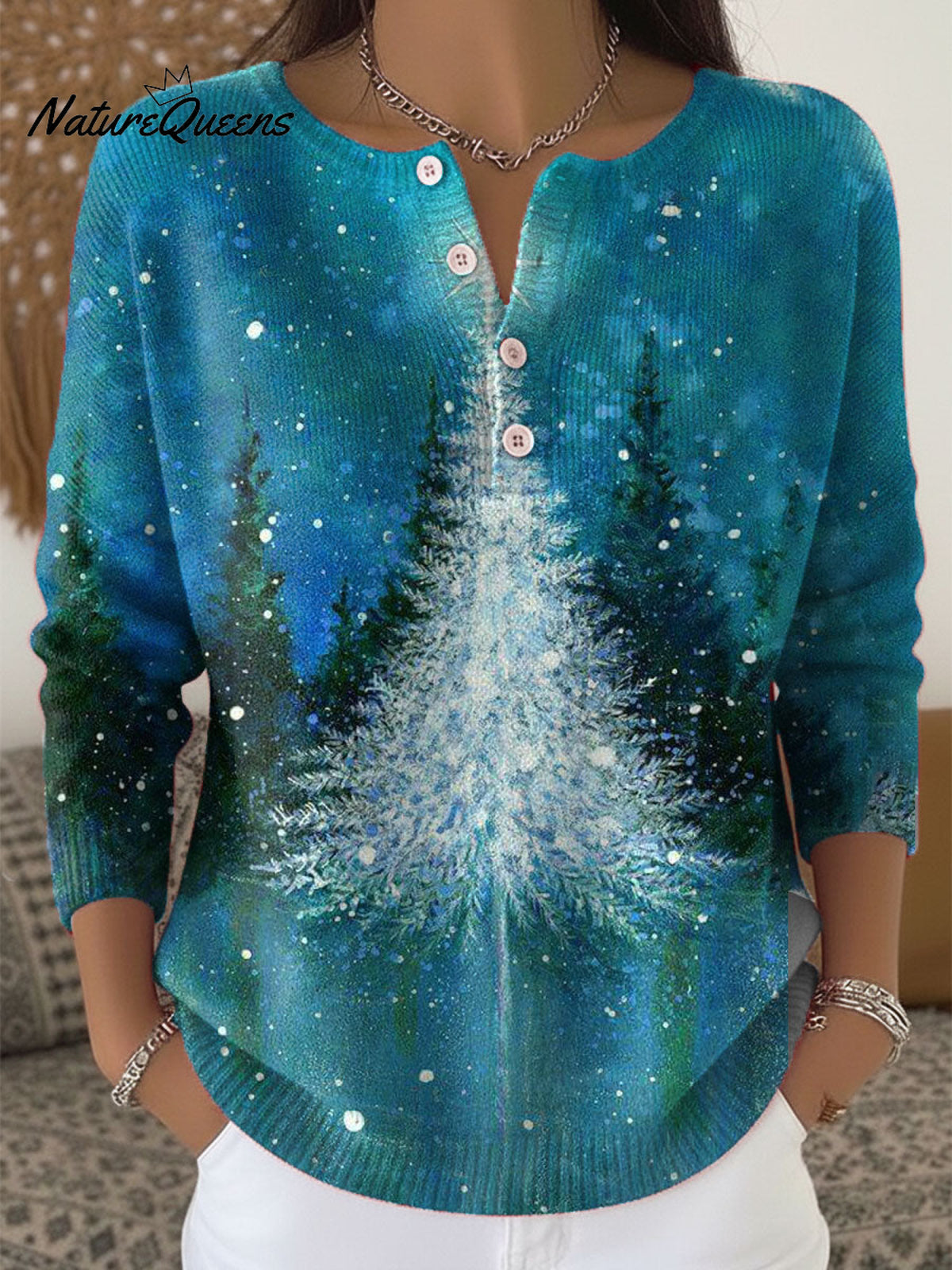 Vintage Christmas Tree Art Print Buttoned Cardigan Sweater