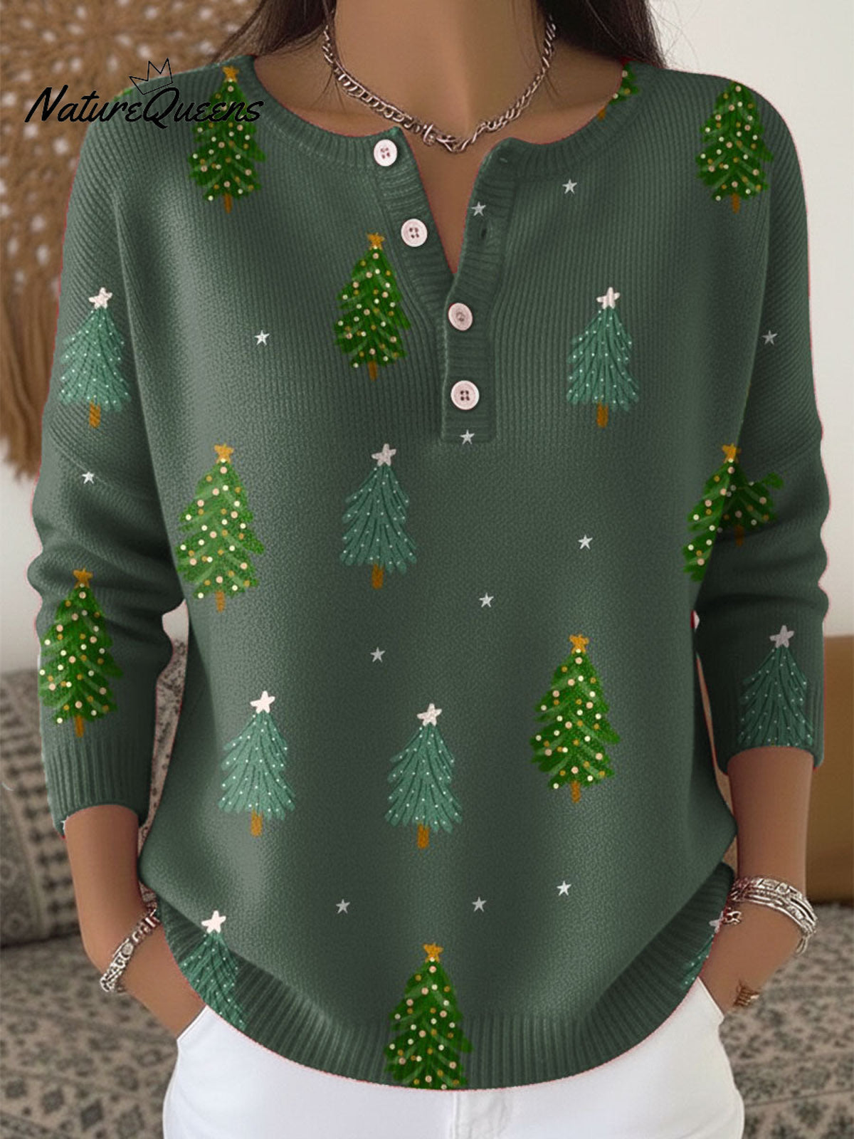 Vintage Christmas Art Print Buttoned Cardigan Sweater