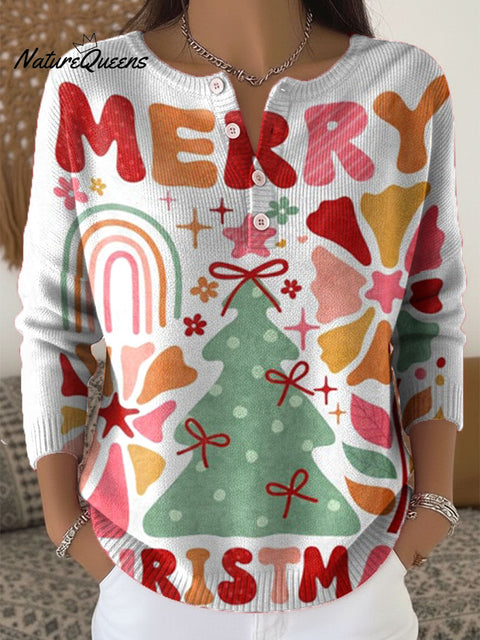 Merry Christmas Art Print Buttoned Cardigan Sweater