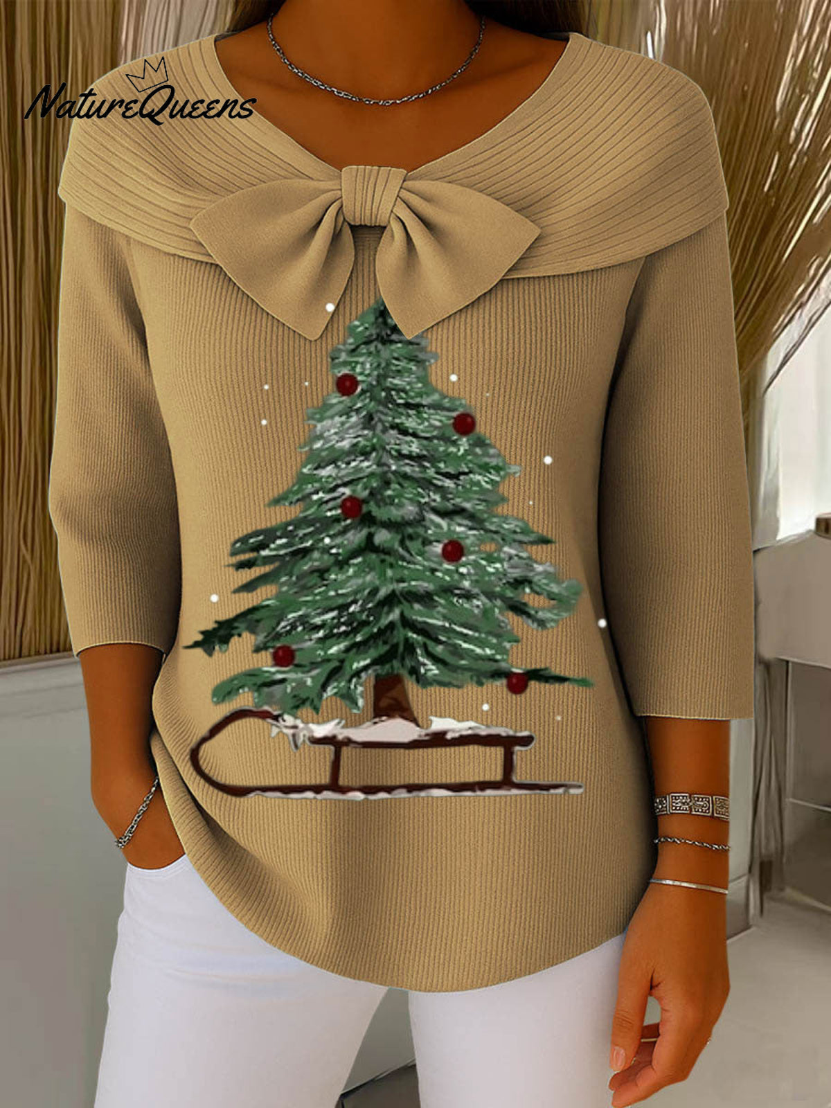 Vintage Christmas Tree Art Print Buttoned Cardigan Sweater