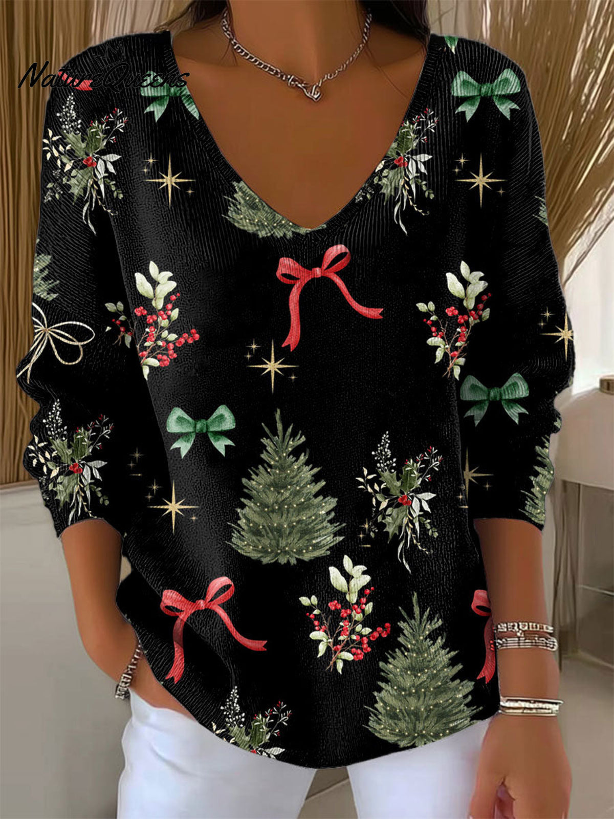 Women's Vintage Christmas Tree Bow Art Print Casual Pullover Sweater