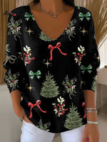 Women's Vintage Christmas Tree Bow Art Print Casual Pullover Sweater