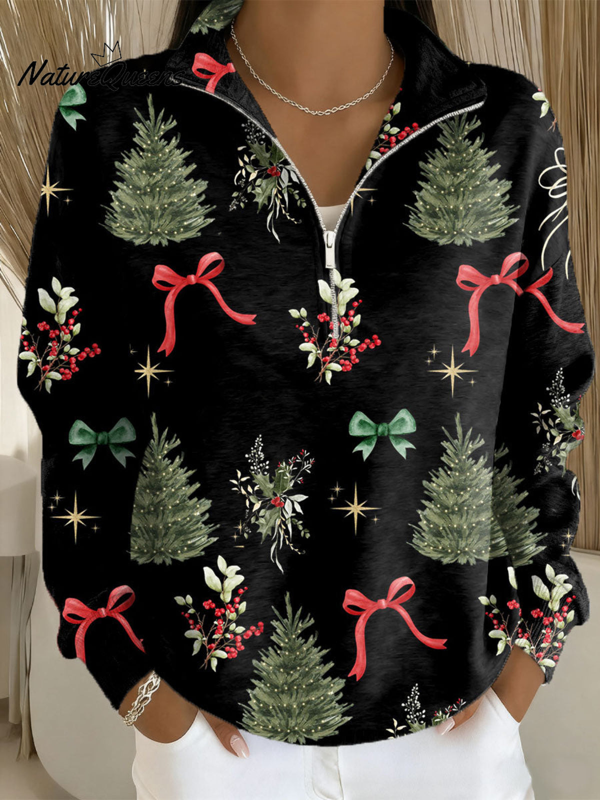 Vintage Christmas Tree Bow Art Print Casual Long Sleeve Zip Sweatshirt