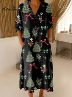 Women's Vintage Christmas Tree Bow Art Print Dress