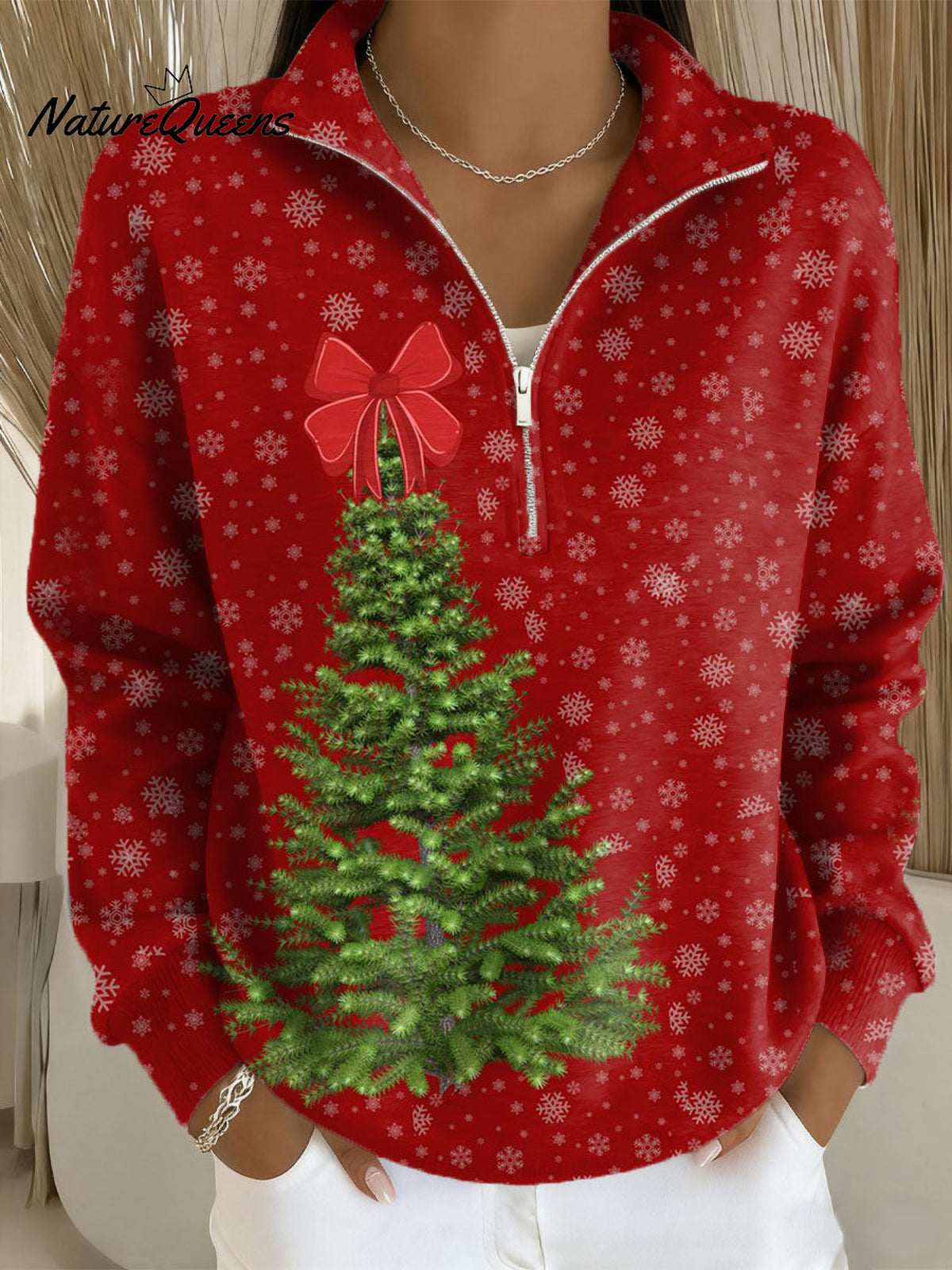 Vintage Christmas Tree Art Print Casual Long Sleeve Zip Sweatshirt