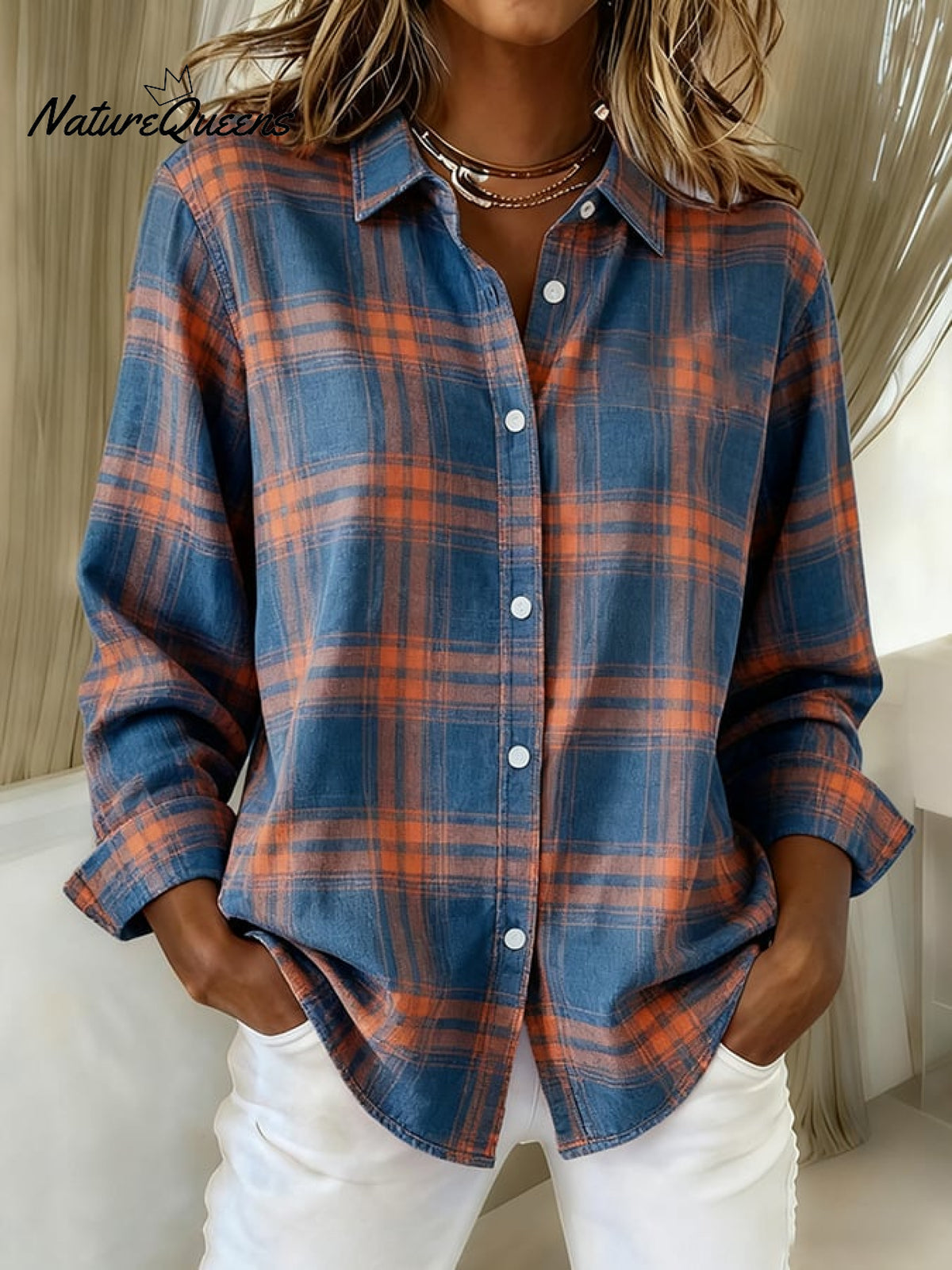 Women'sVintage Plaid Art Print Casual Cotton Shirt