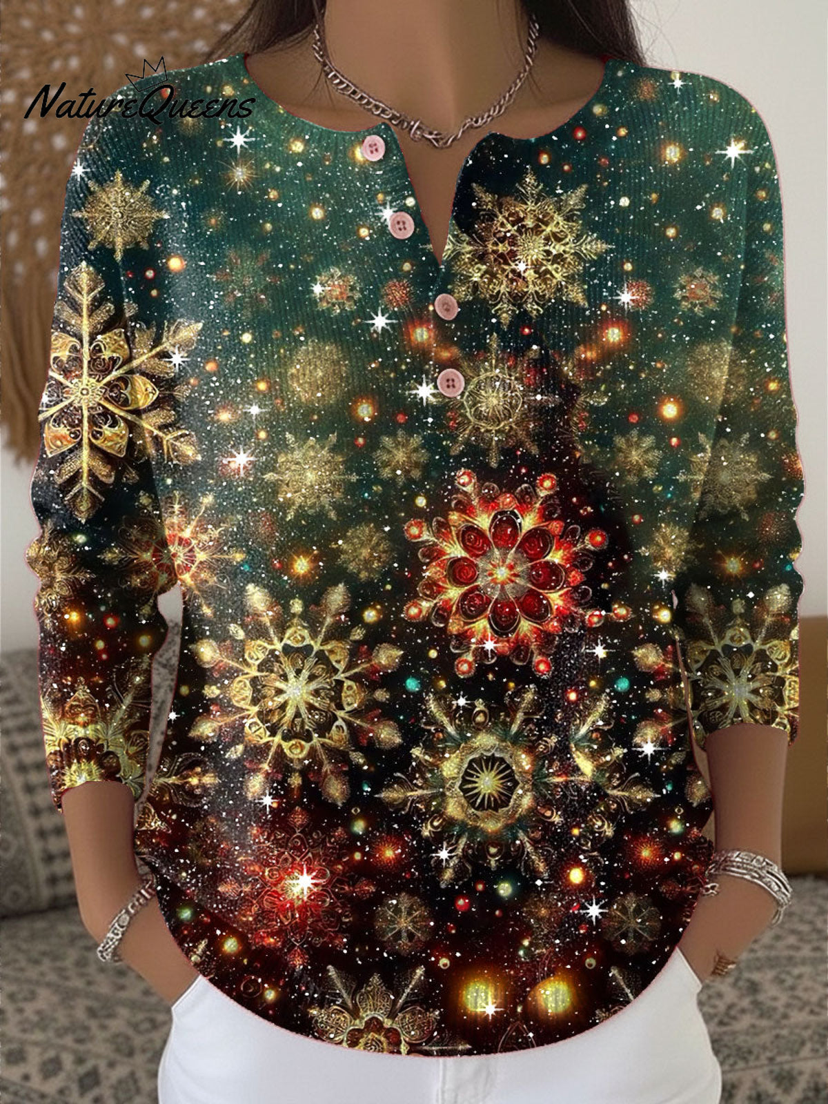 Vintage Christmas SnowflakeArt Print Henley Neck Sparkling Sequin Sweater