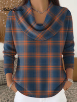 Women's Vintage Plaid Art Print Cowl Neck Sweater