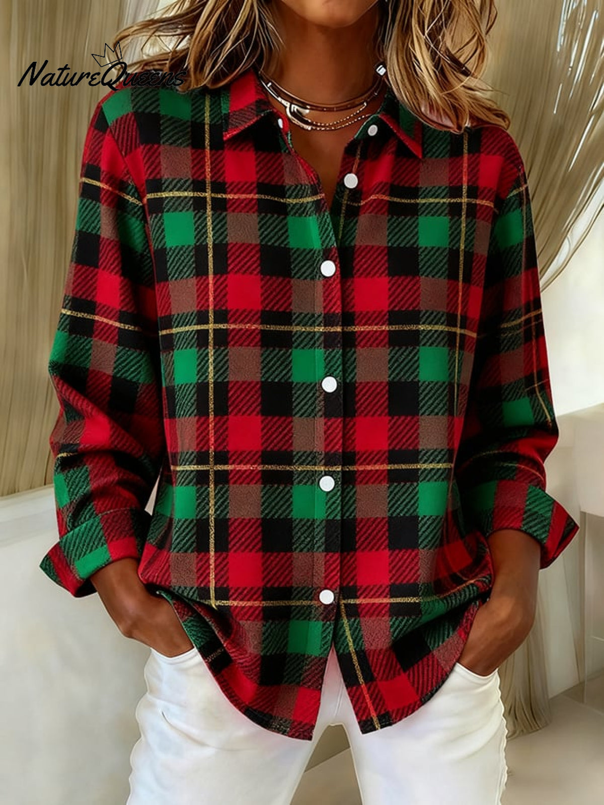 Women'sVintage Christmas Plaid Art Print Casual Cotton Shirt