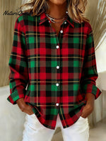 Women'sVintage Christmas Plaid Art Print Casual Cotton Shirt