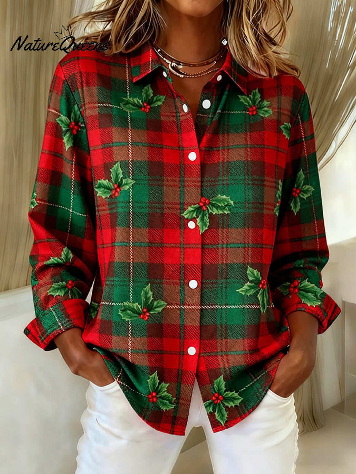 Women'sVintage Christmas Plaid Art Print Casual Cotton Shirt