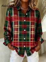 Women'sVintage Christmas Plaid Art Print Casual Cotton Shirt