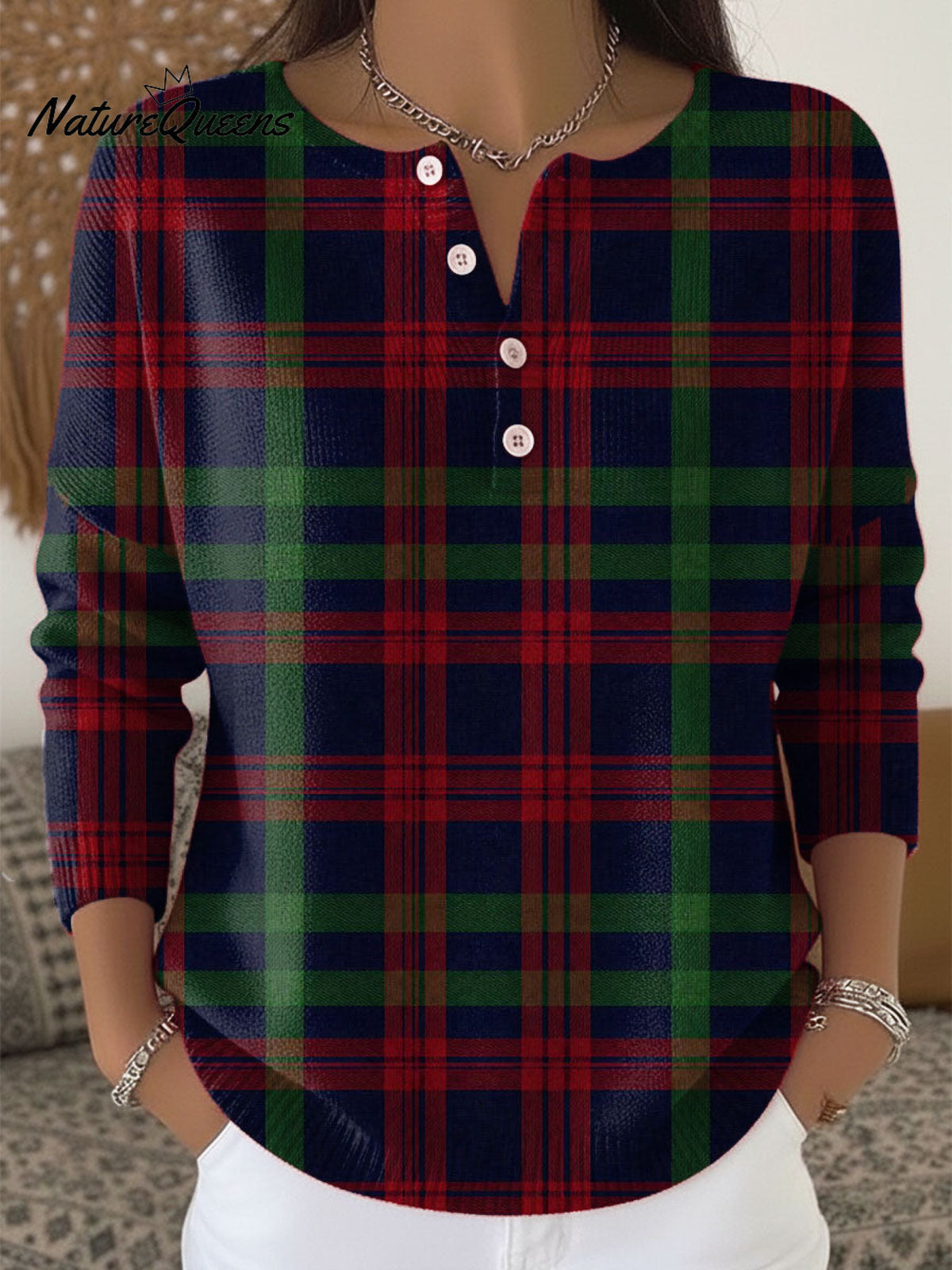 Vintage Christmas Plaid Art Print Buttoned Cardigan Sweater