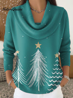 Women's Vintage Christmas Tree Art Print Cowl Neck Sweater