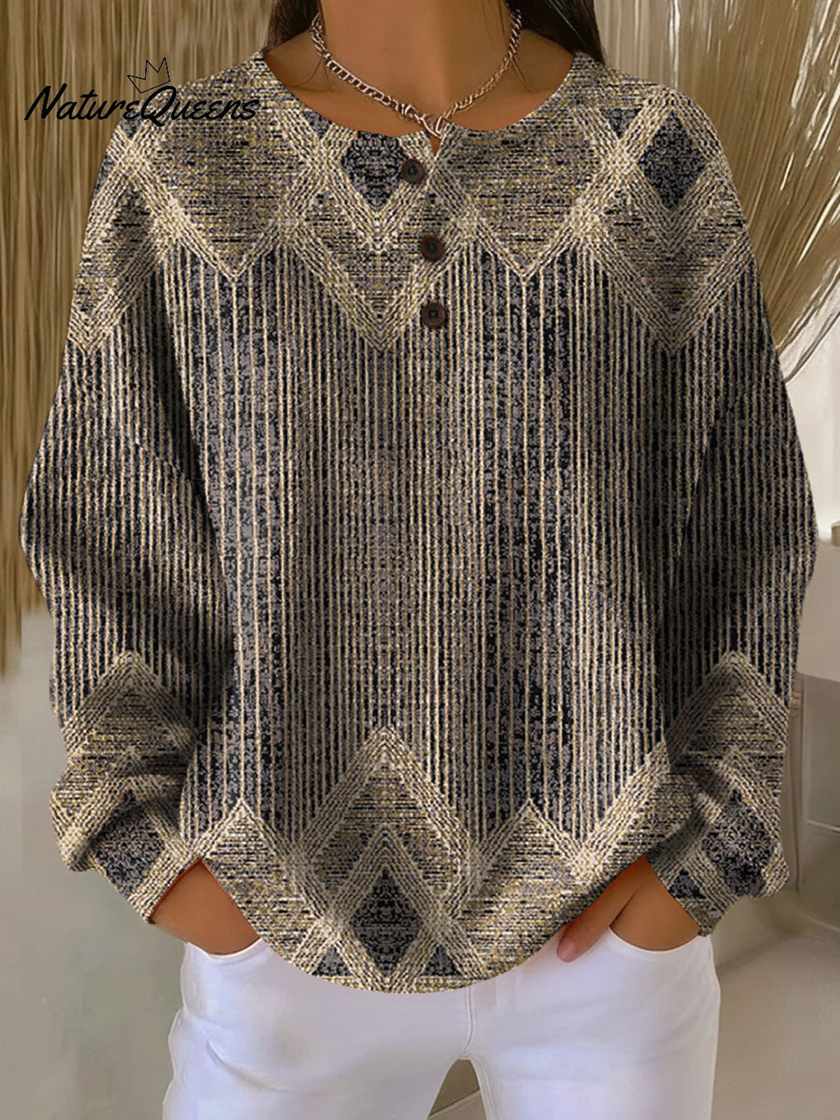 Women'sVintage Abstract Geometric Art PrintCasual Cotton Shirt