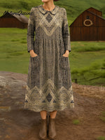 Women's Vintage Abstract Geometric Art Print Cotton Lapel Button-Down Shirt Dress