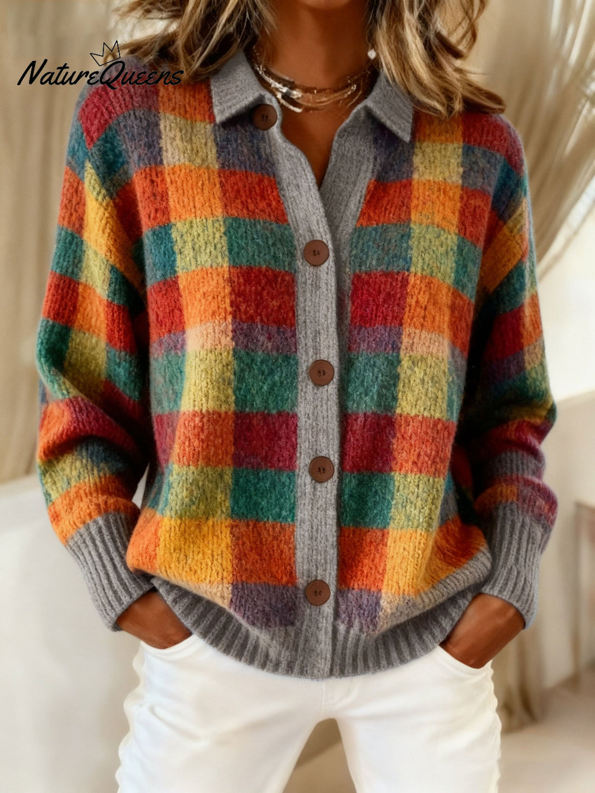 Women'sVintage Plaid Art Print Casual Sweater