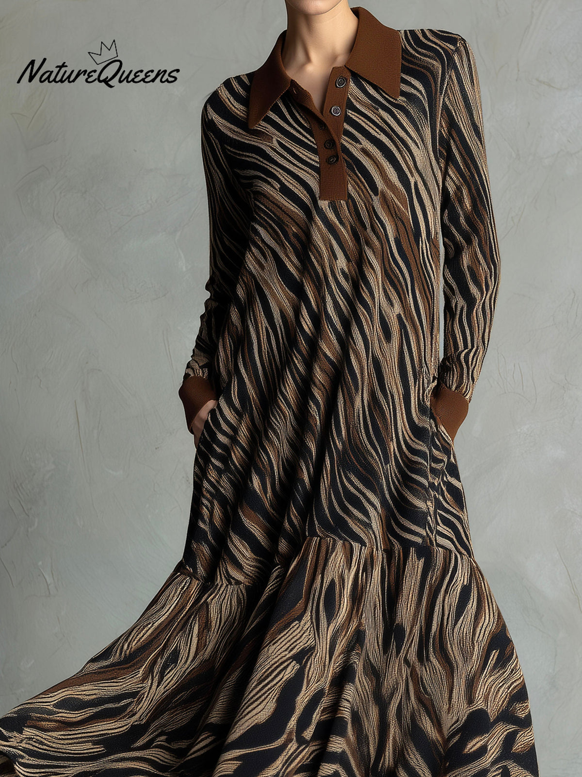 Zebra Print Maxi Dress ¨C Long Sleeve Flowy Polo Dress With Button Front And Brown Collar