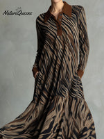 Zebra Print Maxi Dress ¨C Long Sleeve Flowy Polo Dress With Button Front And Brown Collar