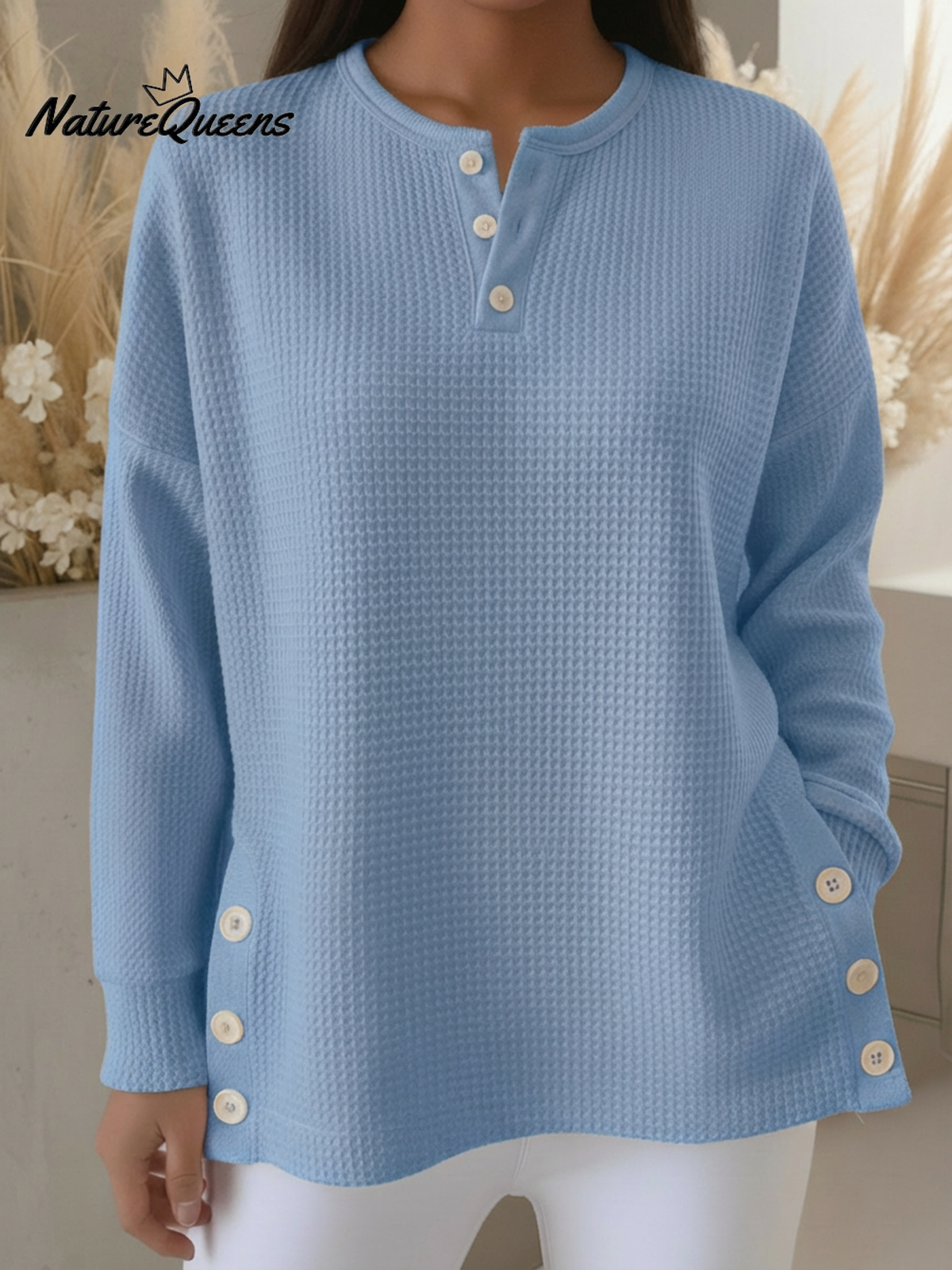 Casual Henley Neck Side Slit Button Waffle Pullover Top