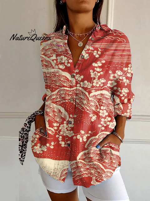 Japanese Classic Plum Blossom Print Casual Long-sleeved Shirt