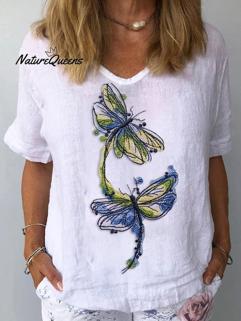 Women's Casual Cotton and Linen Dragonfly Print Top