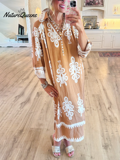 Women's Loose V-neck Long-sleeved Cotton and Linen Dress