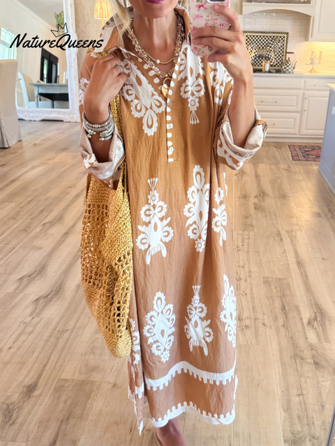Women's Loose V-neck Long-sleeved Cotton and Linen Dress