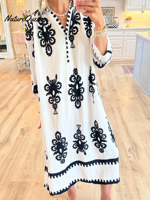 Women's Loose V-neck Long-sleeved Cotton and Linen Dress