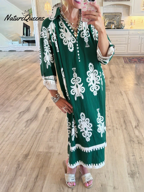 Women's Loose V-neck Long-sleeved Cotton and Linen Dress