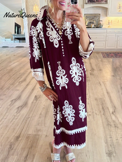 Women's Loose V-neck Long-sleeved Cotton and Linen Dress