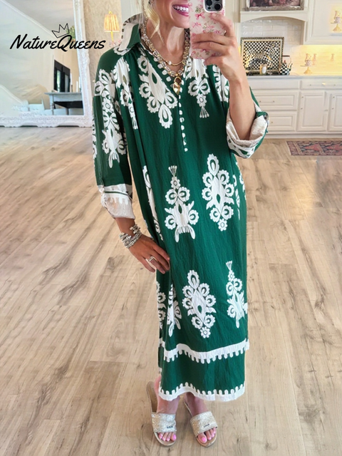 Women's Loose V-neck Long-sleeved Cotton and Linen Dress