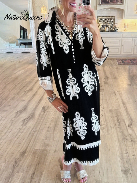Women's Loose V-neck Long-sleeved Cotton and Linen Dress