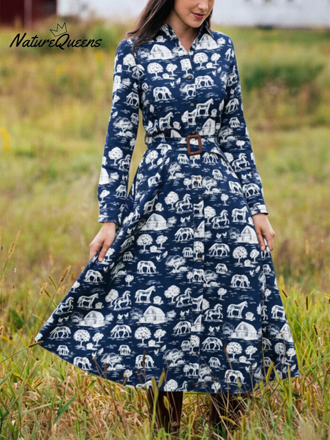 Women's Fun Retro Farm Print Lapel Cotton Midi Dress